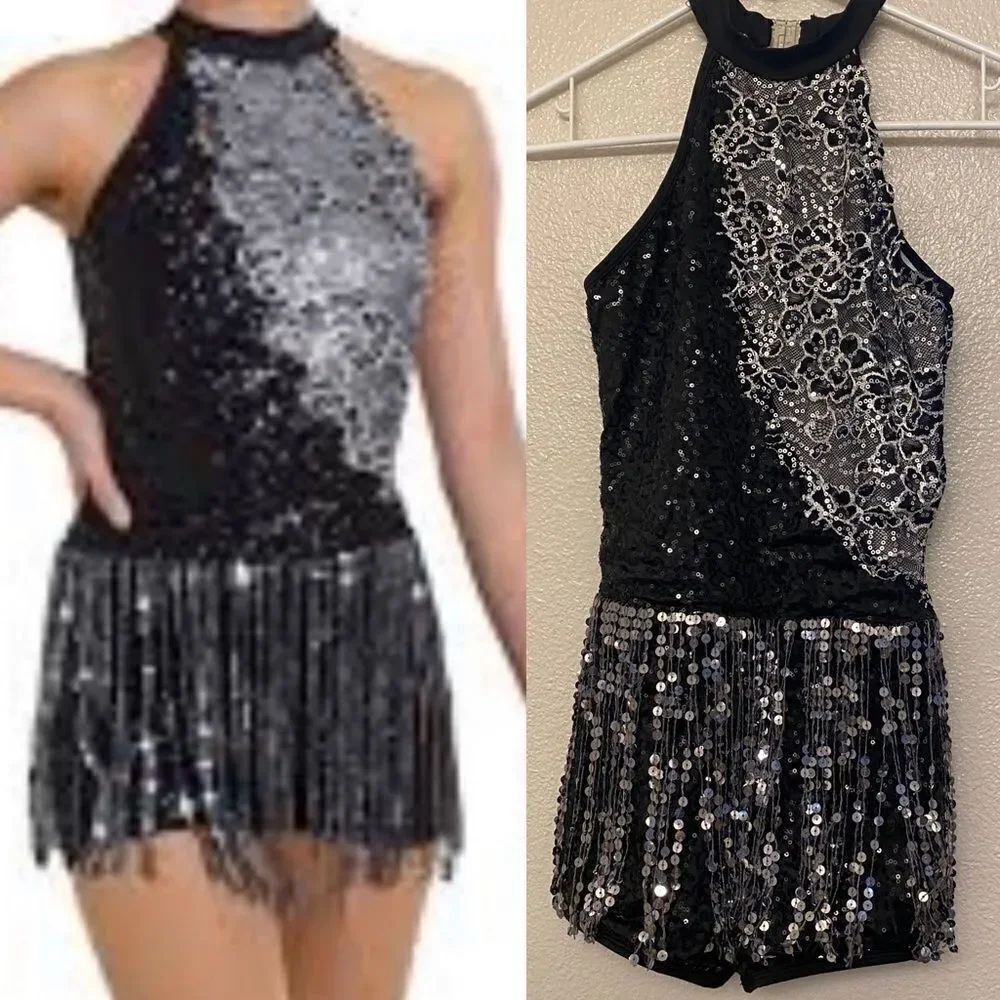 Curtain Call Dance Costume Black silver fringe dress Dont mean a thing J5418 ASM